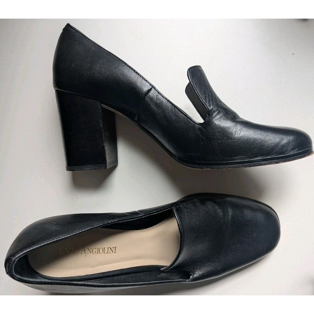 Enzo Angiolini Black Leather Square Toe Pumps 9 M Chunky Slip On Witchy Pilgrim